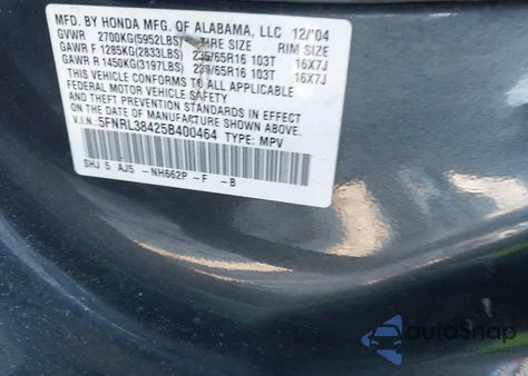 2005 Honda Odyssey Ex z USA, uszkodzony, nr VIN 5FNRL38425B400464